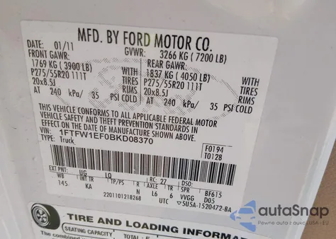 2011 Ford F-150 King Ranch из США, поврежденный, VIN 1FTFW1EF0BKD08370